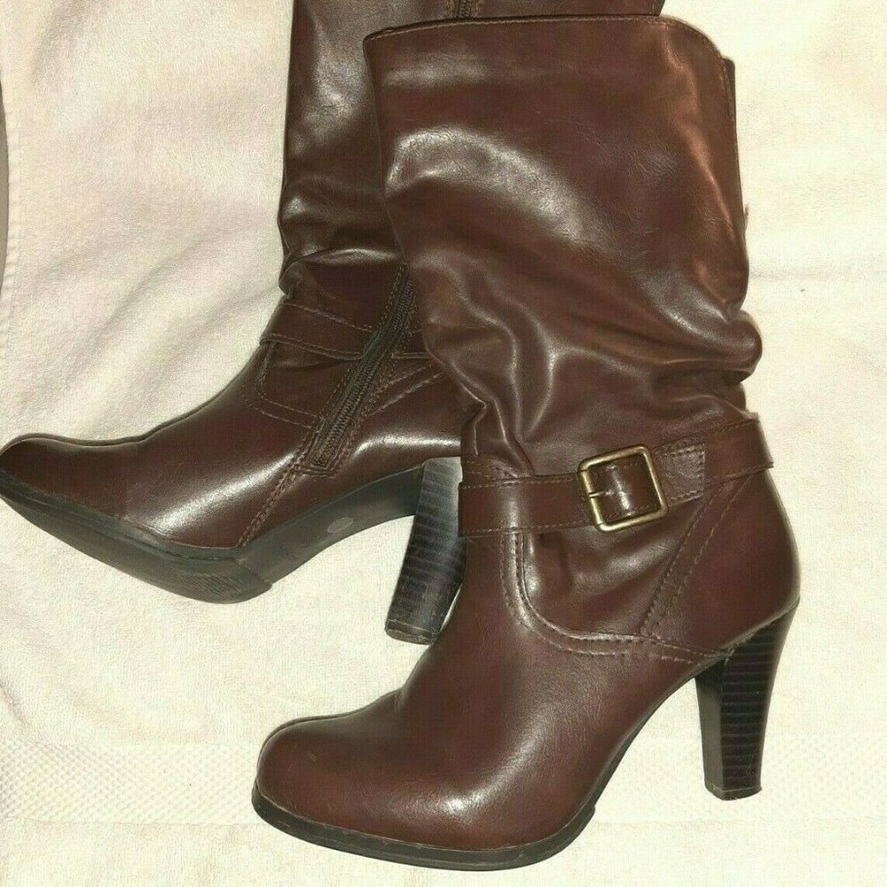 Dark Brown tall boots, 3" heels,zippered, gold buckled, Leather By A1 size 7.5